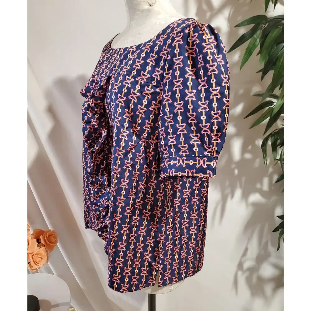 Lilly Pulitzer Lil Bit Equestrian Print Silk Ruffle Blouse Sz 14 Blue Pink Horse